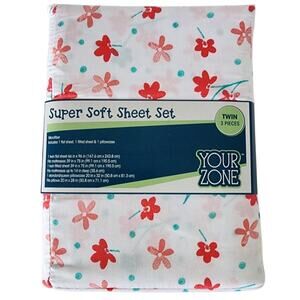 Your Zone Super Soft Sheet Set Twin 3- Piece Red & White Floral Microfiber NEW